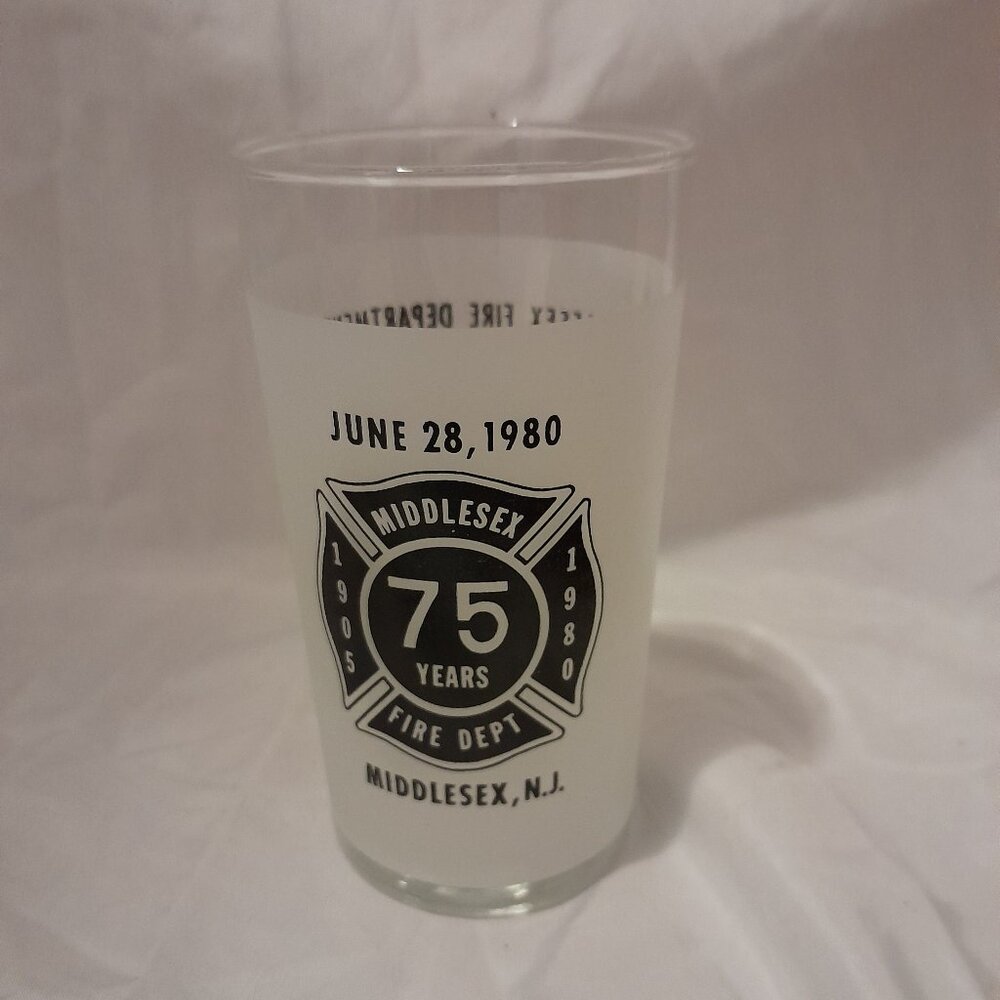 Vintage 1980 Middlesex NJ Fire Dept 75th Anniversary Frosted Glass Tumbler Cup